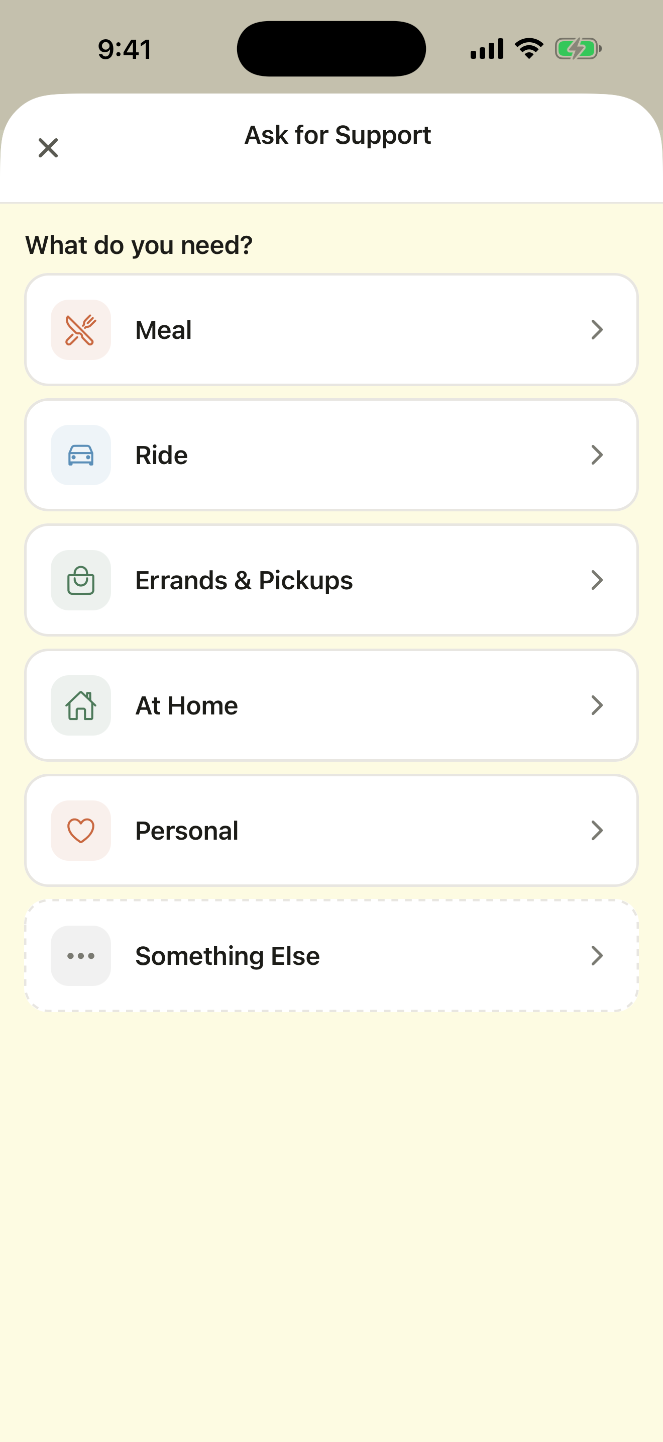 Ask for help — choose from meals, rides, errands, and more