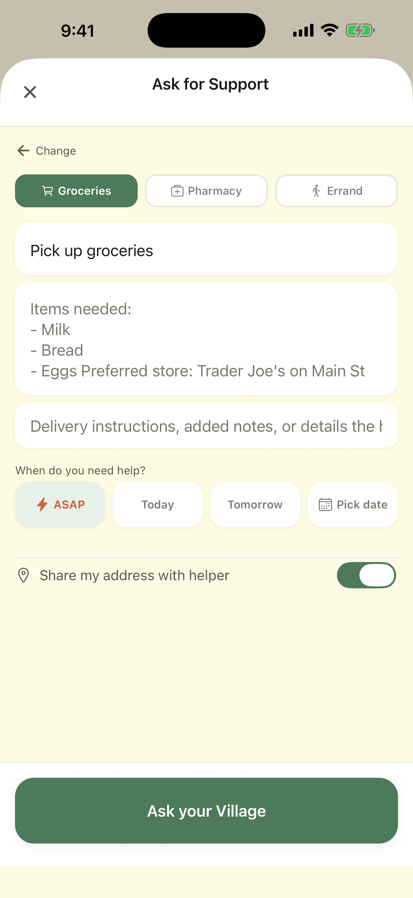 Ask your village for groceries, meals, and more