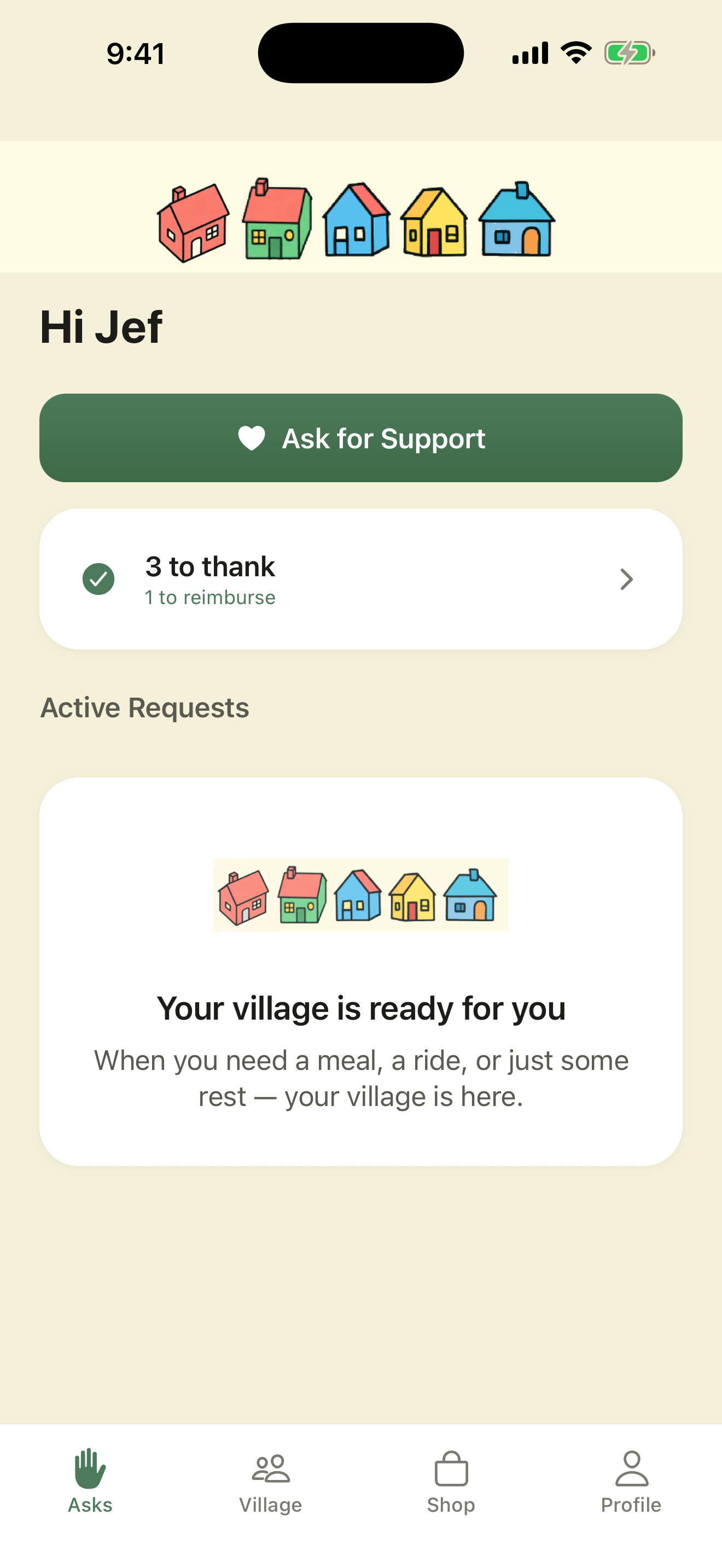 ShowUp home screen showing open requests from your village